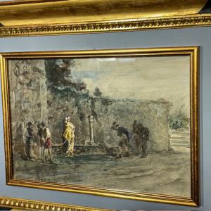 Antique Watercolor Painting by Filippo Carcano (Milan 1840 – 1914) 19th century, dimensions 53 x 43, "Pleb and Nobility"